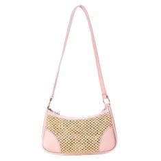 Bolsa de palha e couro pu retangular pequena feminina zíper - Modas Fa