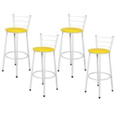Jogo 4 Banqueta Alta Para Cozinha Branca Epoxi Assento Amarelo - Lamar