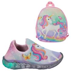 Tênis Infantil Feminino Com Led Unicórnio Slip On Menina Novo + Mochil