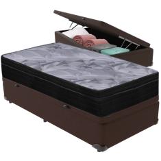 Cama Box Baú Marrom e Colchão Airtech Pampa Molas ensacadas Solteiro Ortobom