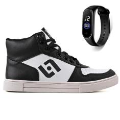 Tenis Infantil Meninos Botinha Cano Alto Escolar Casual Basico + Relogio-Masculino