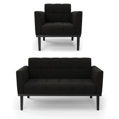 Sofá Namoradeira E Poltrona Base De Madeira Preto Elisa Suede D03 - D'rossi Cor Preto