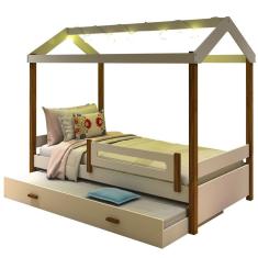 Cama Montessori Cabana Com Fio De Luz E Auxiliar Branco Mel