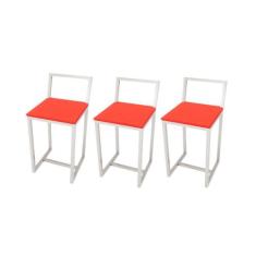 Jogo 3 Banqueta Baixa Para Cozinha Branca Assento Estofado Industrial 