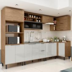 Cozinha Modulada Toscana 7 Peças Mdf com Aéreo 1200 Porta de Vidro Basculante e Armários Canto Freijó/Off White