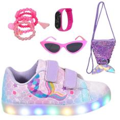 Tênis Infantil De Led Feminino Casual Desenho Sereia +Pulseira+Óculos+
