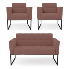 Kit 1 Sofá Namoradeira E 2 Poltronas Elisa Veludo Base Metálica Industrial Preto - D`rossi Cor Rose