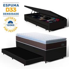Cama Box Baú com Colchão de Espuma D33 Pillow Top Comfort Luxo + Auxiliar Unique Solteiro 88cm