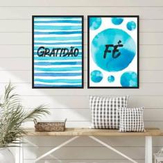 Kit 2 Quadros Gratidão E Fé Azul 45X34Cm - Quadros On-Line