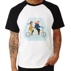 Camiseta Raglan Casal  Bicicleta - Foca na Moda, Branco, Preto, GGG