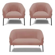 Sofá Namoradeira E 2 Poltronas Pé De Ferro Preto Stella Veludo D03 - D