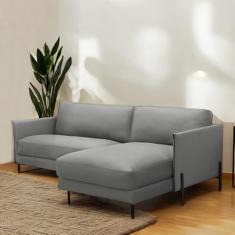 Sofá Decorativo Karine 3 Lugares Sala de estar 230cm com Chaise Pés em Aço Couro Grafite G88 - Gran Belo