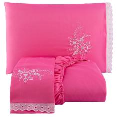 Jogo De Cama Lençol Queen Bordado Advance 3 Peças Pink 100% Poliéster