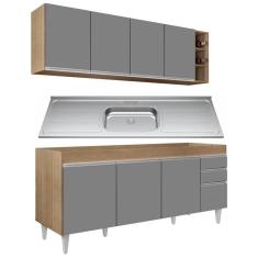 Armário Aéreo Nevada E Balcão Gabinete 180cm Com Pia Dallas Castanho/cinza - Lumil