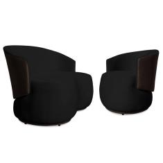 Conjunto Sofá Namoradeira com Poltrona Lara Veludo Preto/PU Marrom - Montanaris Decor