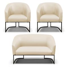 Sofá Namoradeira e 2 Poltronas Base Industrial Preto Stella Corino D03 - D`Rossi