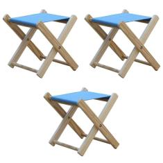 Kit 3 Banquinho De Madeira Banqueta Pescador-azul Claro
