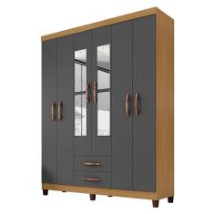 Guarda Roupa Casal Modena com Espelho 6 Portas com Cômoda Sapateira Cannes e Armário Multiuso Recife Carvalho Americano Grafite- Incorplac