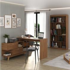 Escrivaninha Em L Retrô 136x120cm Com Estante Para Livros 4 Prateleiras Nogal