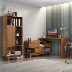 Escrivaninha Em L 120x136cm 2 Portas Com Estante 1 Porta Retrô Espresso Móveis Nogal