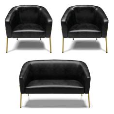 Sofá Namoradeira E 2 Poltronas Pé De Ferro Dourado Stella Corano D03 - D'rossi Cor Preto