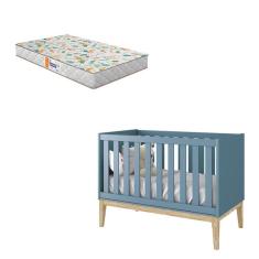 Berço Americano New Classic Azul com Pés Madeira Natural e Colchão Gazin - Reller 