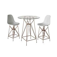 Jogo Mesa Bistrô Eames Vidro 60Cm 2 Banquetas Branca Base Ferro Cobre - Cor: Branco
