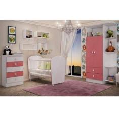 Quarto de Bebê Completo Leãozinho com Guarda Roupa 2 Portas, Cômoda e Berço Espresso Móveis Branco/Rosa