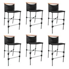 Kit 6 Banquetas Em Corda Náutica Base Em Alumínio Cinza Com Detalhe Em Madeira Preta Preto