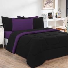 Kit Edredom Malha 100% Algodão Gran Moratta 3 Peças King - Preto-roxo