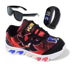 tenis de led infantil masculino sonic shadow com luzinha meninos mais relogio e oculos-Masculino