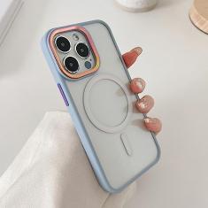 Capa de telefone transparente magnética de luxo para iPhone 14 13 12 11 Pro Max Skin Feel Laser Metal Camera Protection Capa de acrílico macio, azul Sierra, para iPhone 14 Plus