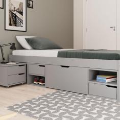 Cama Solteiro Madeira Maciça com 3 Gavetas e 1 Mesa de Cabeceira Charme Cool Grey