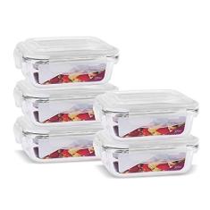 KIT 5 Potes de Vidro Retangular com Tampa Hermética 370ml Cor:Branco (QH)