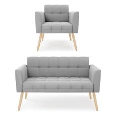 Kit 1 Sofá Namoradeira E 1 Poltrona Elisa Suede Pés Palito Natural - D`rossi Cor Cinza