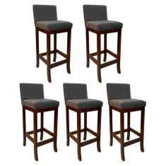 Kit 5 Banquetas Alta de Madeira para Bancada Castanho Melody Suede Cinza