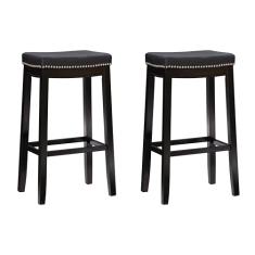 Banqueta de madeira preta Kingston com assento estofado e pregos em couro sintético preto, conjunto de 2 da Linon