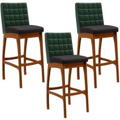 Kit 03 Banquetas Altas Cozinha Sala Jantar Fixa Mila B04 Facto Verde Musgo Linho Chumbo - Lyam Decor