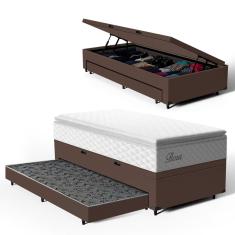 Cama Box Baú com Colchão de Molas Ensacadas Pillow Top Flora + Auxiliar Unique Solteiro 88cm