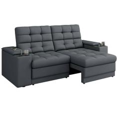 Sofá Retrátil e Reclinável 3 lugares porta-copos entrada USB apoio do braço deslizante em tecido veludo Cinza