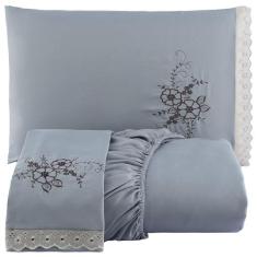 Jogo De Cama Lençol Casal Bordado Advance 3 Peças - Cinza - Casa Show 