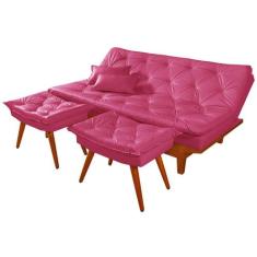 Sofa Cama Caribe Em Material Sintetico + Duas Banquetas Rosa - Essenci