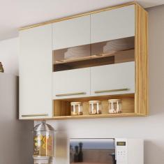 Armário Aéreo de Cozinha 120cm com 3 Portas Vidro Reflecta e Nicho 100% Mdf Itália Amêndoa/Off White