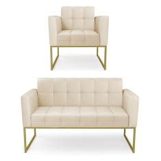 Kit 1 Sofá Namoradeira e 1 Poltrona Elisa Corino Base Metálica Industrial Dourado - D`Rossi