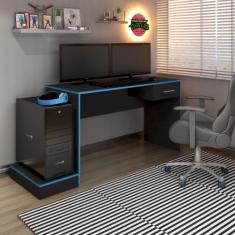 Escrivaninha Com Porta CPU e 1 Gaveta Artely Gamer Cor Preto com Azul,