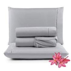 Jogo Cama Lençol Unique Queen 400 Fios Ponto Palito 4 Peças - Cinza - 