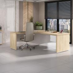 Mesa Para Escritório Em L Diretor Em Tamburato Com 2 Gavetas Com Chave Carvalho Branco