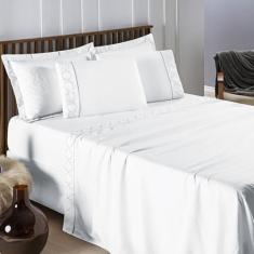 Jogo de Lençol Bordado Titanium King 4 Peças Barato - Branco - 100% Po