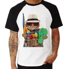 Camiseta Raglan Gato nas Férias - Foca na Moda, Branco, Preto, M