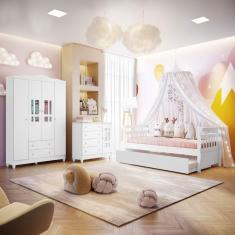 Quarto Infantil Ariel Completo Cama da Babá Júlia com Cama Auxiliar Guarda Roupa 4 Portas Cômoda Infantil 4 Gavetas com Porta Branco Carolina Baby